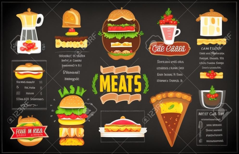 Krijt menukaart ontwerp voor café of restaurant, ontbijt en lunch, fast food en pizza, vlees menu, hamburgers, hapjes, fruit schotel, desserts, drankjes en kinderen menu