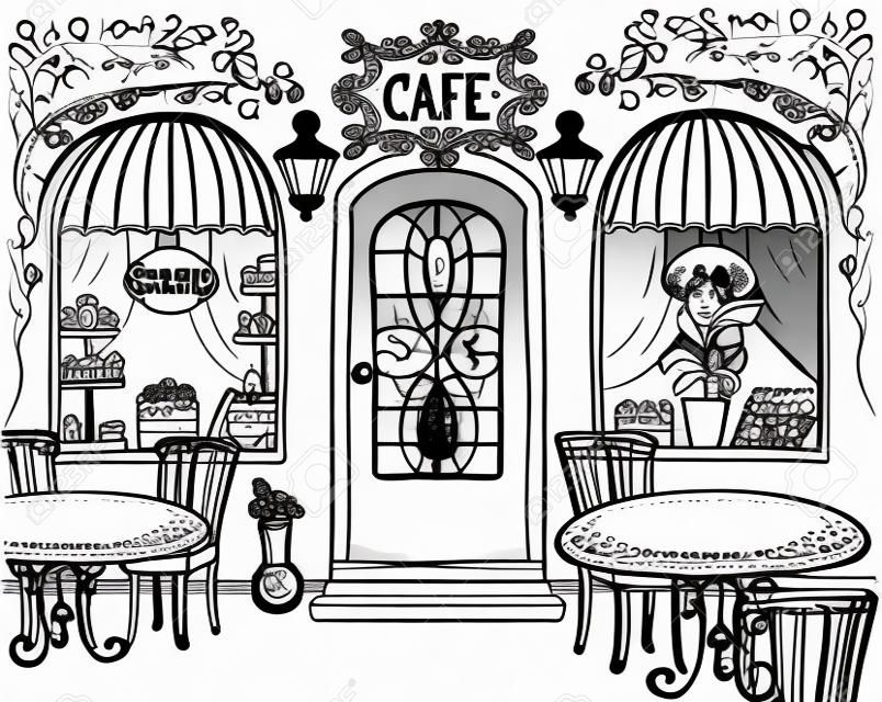 Street cafe sketch graphic illustration, hand drawn, black and white vintage style
