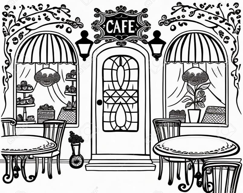 Street cafe sketch graphic illustration, hand drawn, black and white vintage style