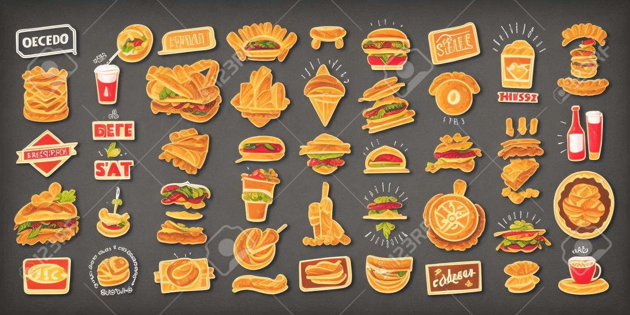 Menu z symbolami, znakami i elementami na tablicy, ręcznie rysowane grafiki wektorowe z fast foodami, wypiekami i napojami, alkoholem, znakami powitalnymi i cytatem itp.