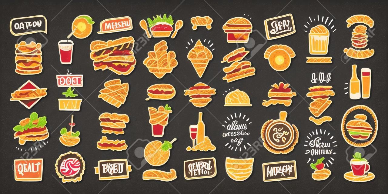 Menu z symbolami, znakami i elementami na tablicy, ręcznie rysowane grafiki wektorowe z fast foodami, wypiekami i napojami, alkoholem, znakami powitalnymi i cytatem itp.