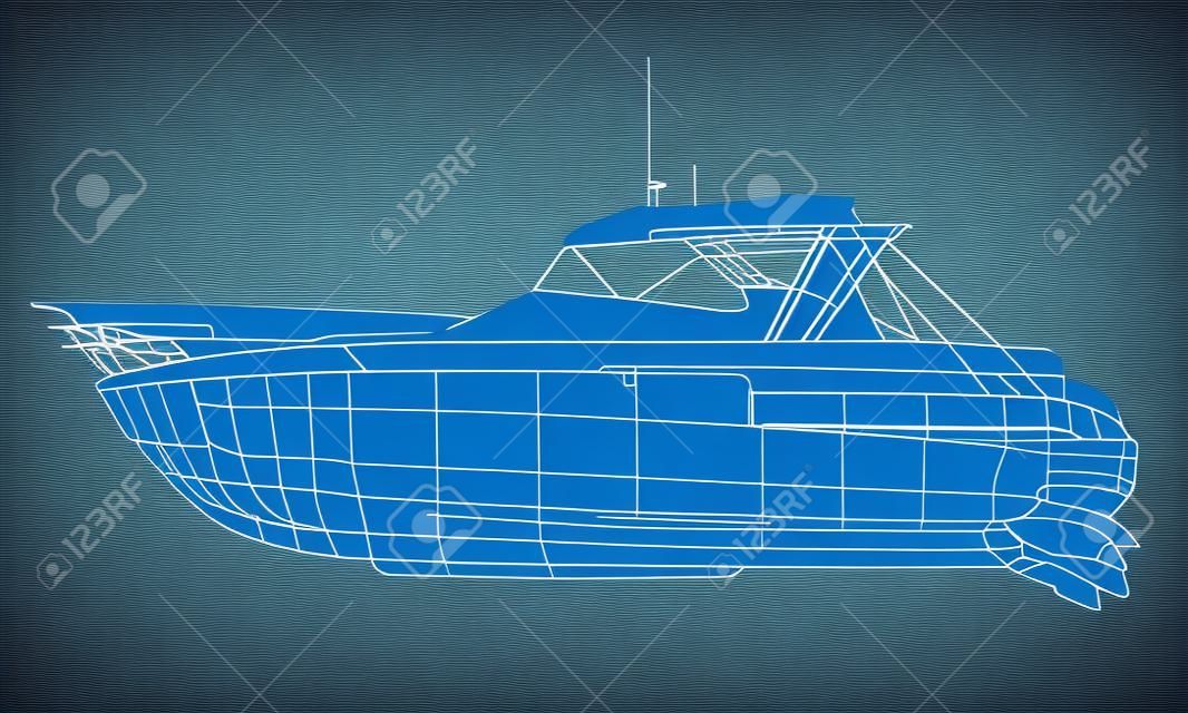 Wireframe model speedboat. Boat on a dark blue background. Vector illustration.