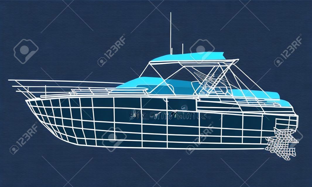 Wireframe model speedboat. Boat on a dark blue background. Vector illustration.
