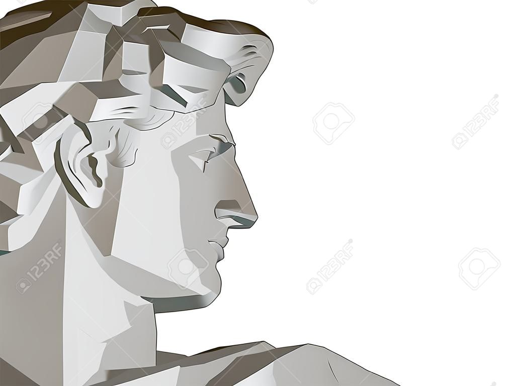 Tło z wielokątną rzeźbą Dawida. Widok z boku. Samodzielnie na białym tle statua głowy Dawida. 3D. Ilustracja wektorowa.
