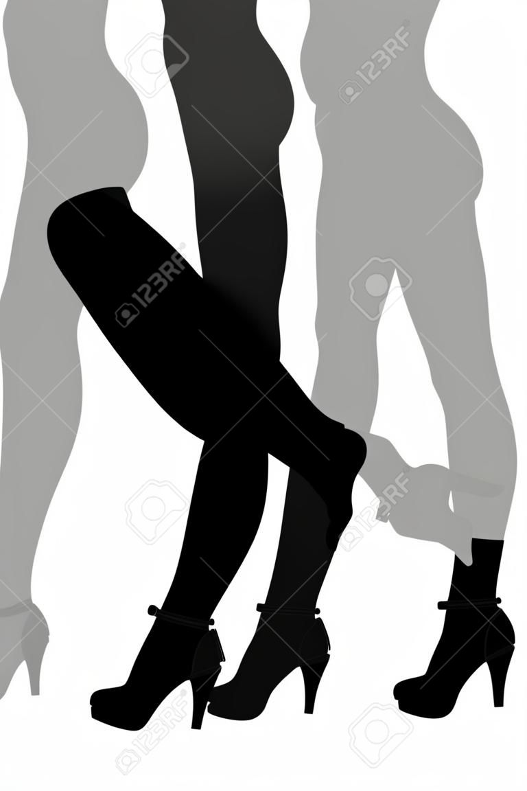 Silhouette of female legs in high heels isolated on white background. Vector illustration