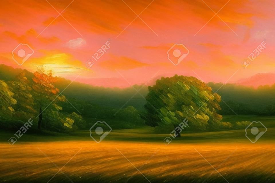 sunset over the fields and trees near forest, modern oil painting wallpaper