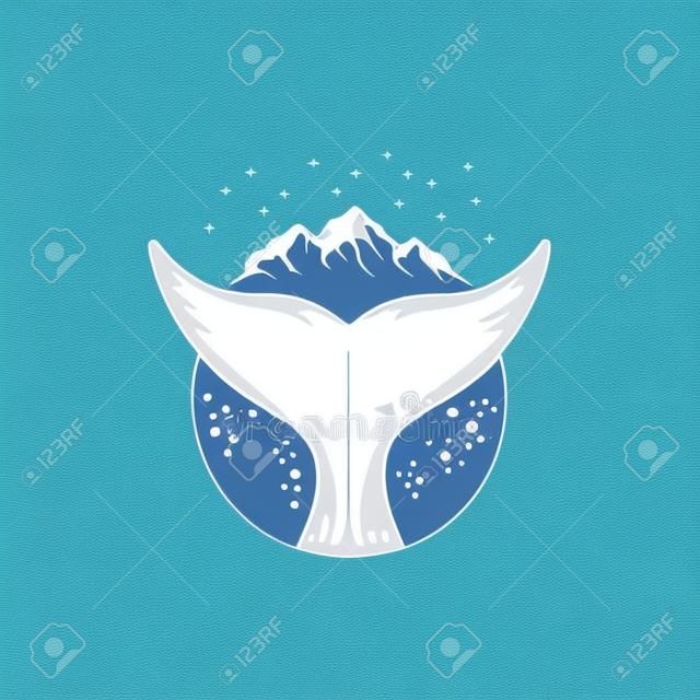 Hand drawn travel badge with whale's tail textured vector illustration.