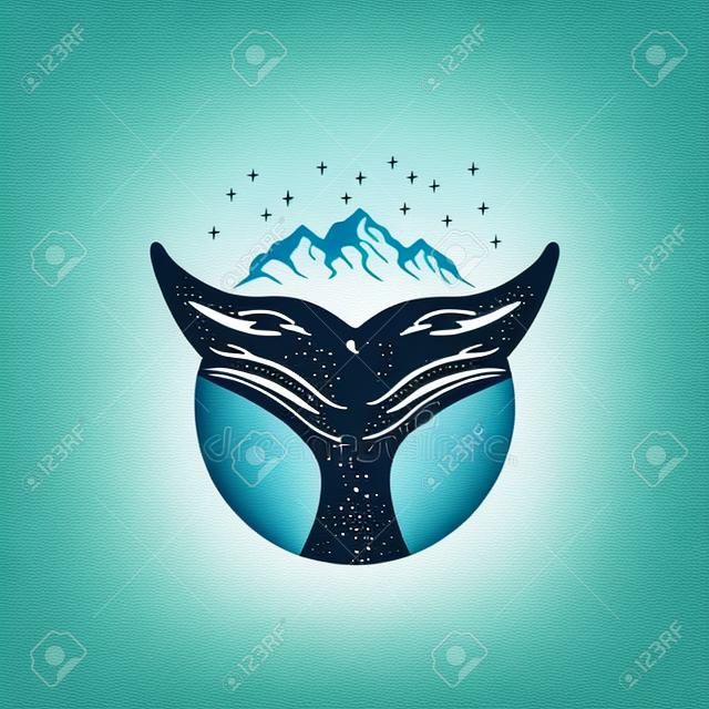 Insigne de voyage dessiné main avec illustration vectorielle texturée de queue de baleine.