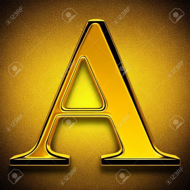 Dourado brilhante símbolo 3D metálico letra maiúscula A - maiúscula isolada em preto