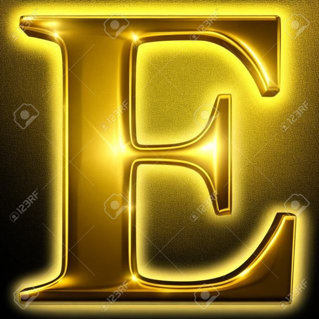 Ouro brilhante metálico 3D símbolo letra capital E - maiúscula isolada no preto