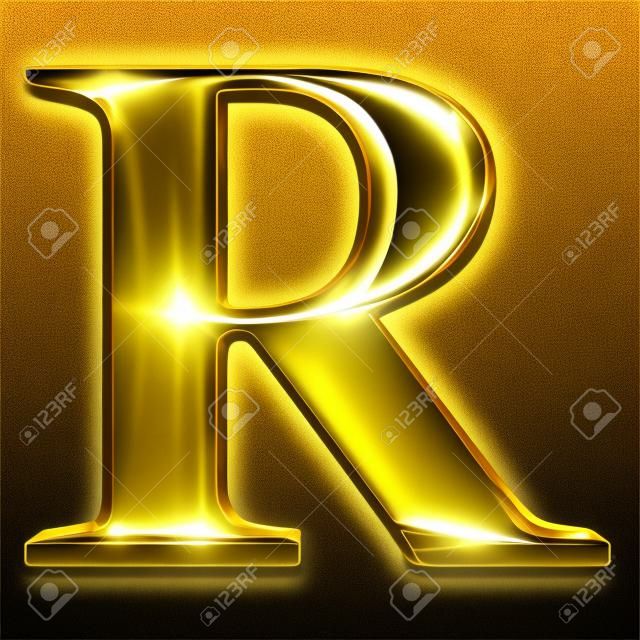 金色闪亮金属3D符号大写字母R大写-黑色隔离