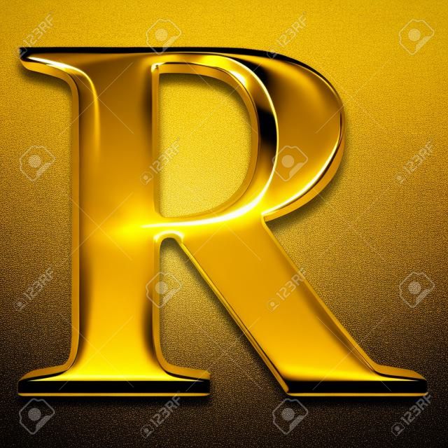 Golden shining metallic 3D symbol capital letter R - uppercase isolated on black