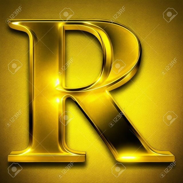 Golden shining metallic 3D symbol capital letter R - uppercase isolated on black