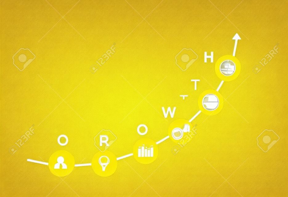 Business strategy and action plan, business success growing growth increase up concept. white sphere with word GROWTH on yellow background with a growing graph arranged in curve shape.