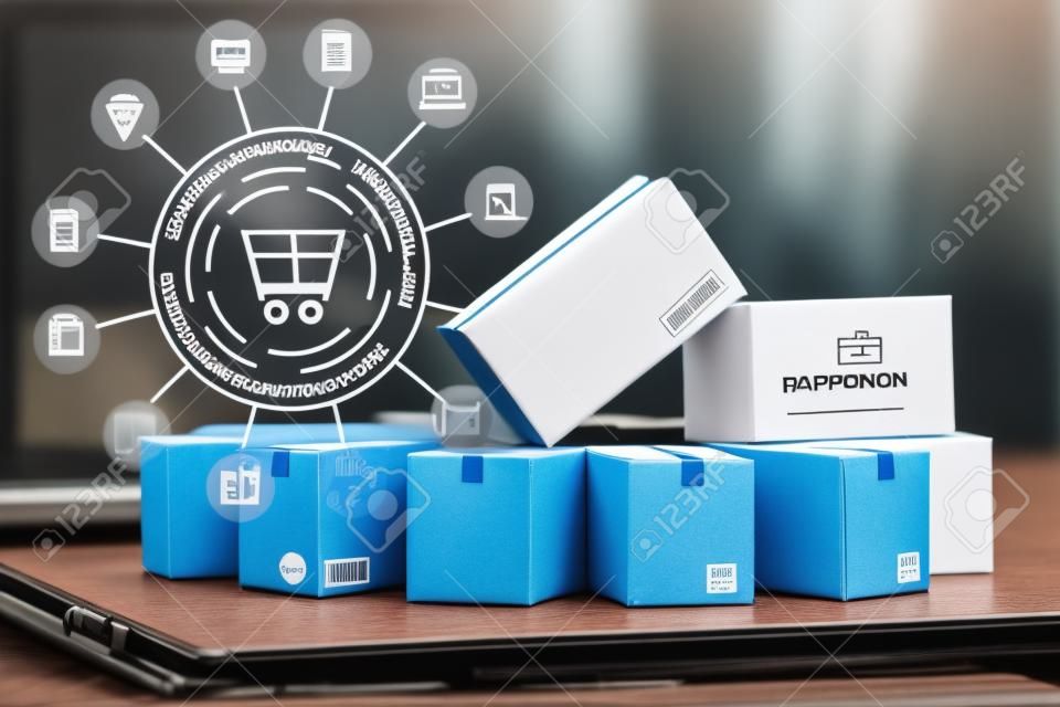 Paper boxes on notebook with icon customer network connection. Depicts transportation, international freight, global shipping, overseas trade, regional, or local forwarding.