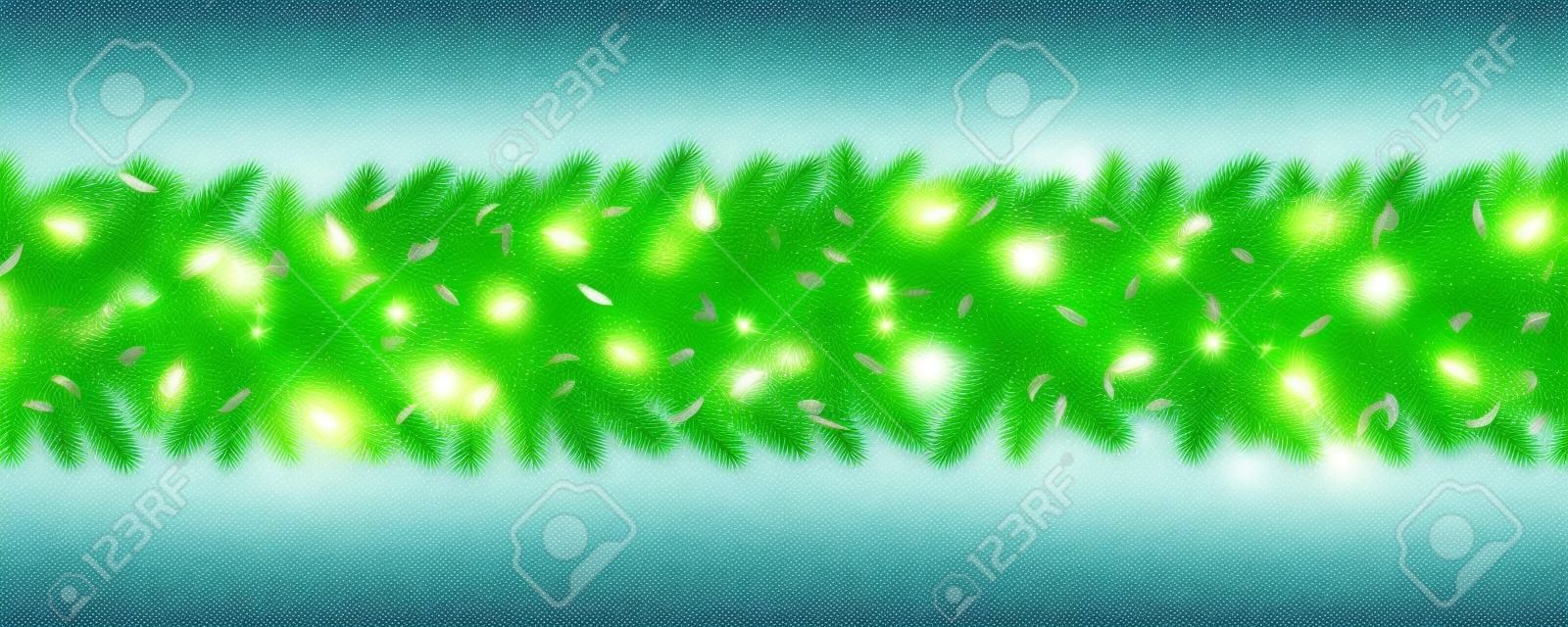 Christmas and New Year border of realistic branches of Christmas tree, garland light bulbs, serpentine Element for festive design isolated on transparent background Vector