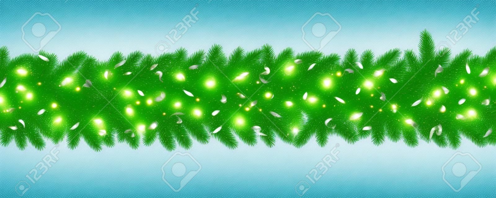Christmas and New Year border of realistic branches of Christmas tree, garland light bulbs, serpentine Element for festive design isolated on transparent background Vector