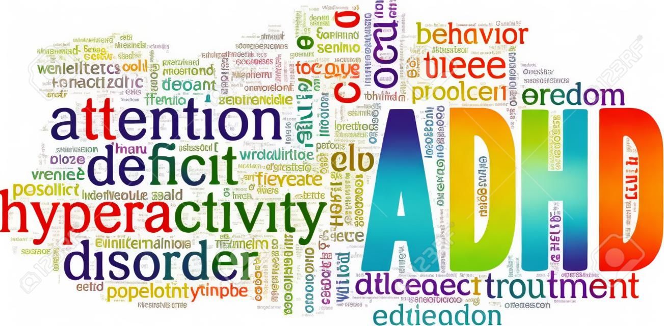 ADHS - Aufmerksamkeitsdefizit-Hyperaktivitätsstörung Vektor Illustration Wortwolke isoliert auf weißem Hintergrund.