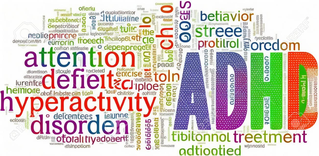 TDAH - Nube de palabras de ilustración vectorial de trastorno por déficit de atención e hiperactividad aislada en un fondo blanco.