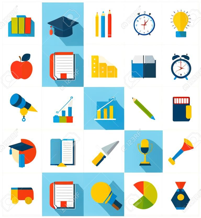 Illustration flat icons of elements and objects for high school and college education with teaching and learning, long shadow style design - vector