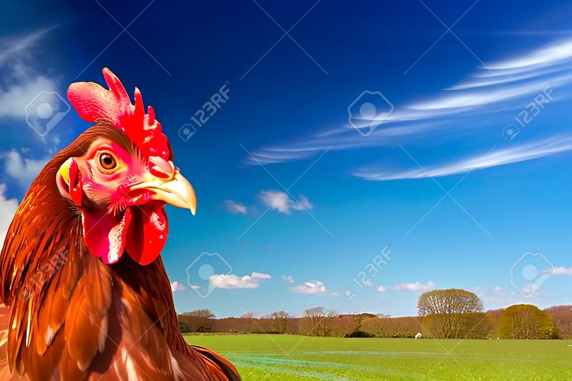 罗得岛红鸡在一片绿色的田野上，有着明亮的蓝天