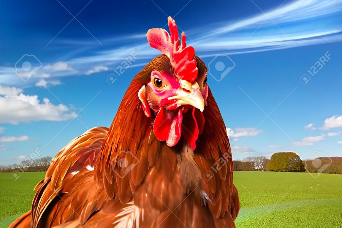 罗得岛红鸡在一片绿色的田野上，有着明亮的蓝天