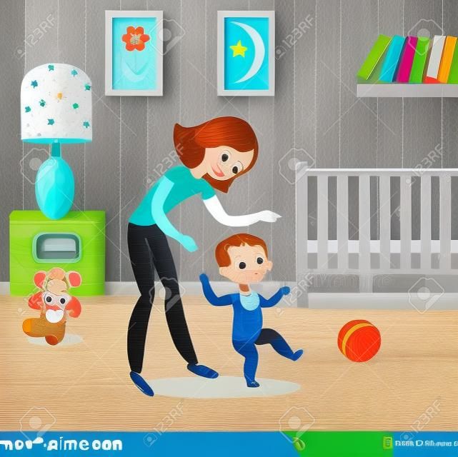 Mom and baby in the childrens room. The first seps of the child