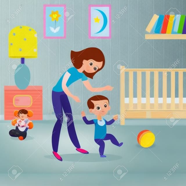 Mamá y bebé en la habitación de los niños. Las primeras seps del niño