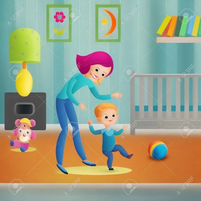 Mom and baby in the childrens room. The first seps of the child