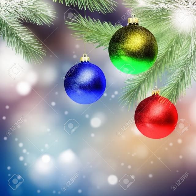 Christmas Tree Twigs with Colored Balls on Snowy Background. New Year Template with Fir Branch with Toys.