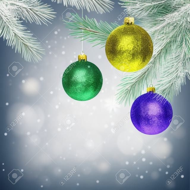 Christmas Tree Twigs with Colored Balls on Snowy Background. New Year Template with Fir Branch with Toys.
