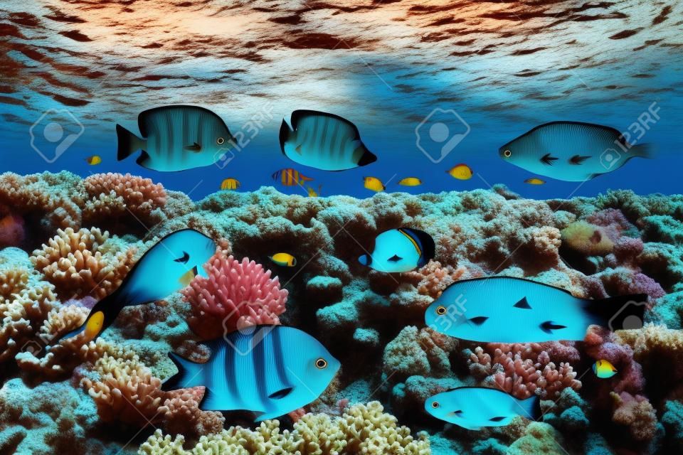 Diferentes peixes tropicais em um recife de coral no Mar Vermelho