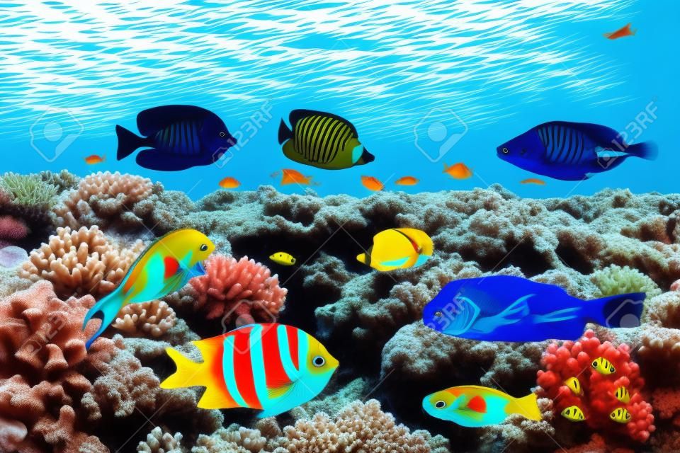 Différents poissons tropicaux sur un récif de corail en mer Rouge