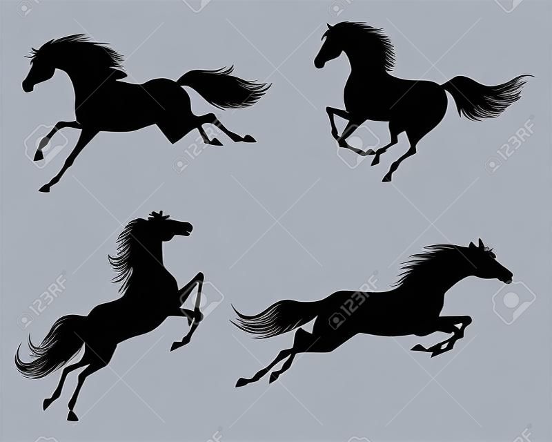 Векторная иллюстрация четырех лошадей силуэты