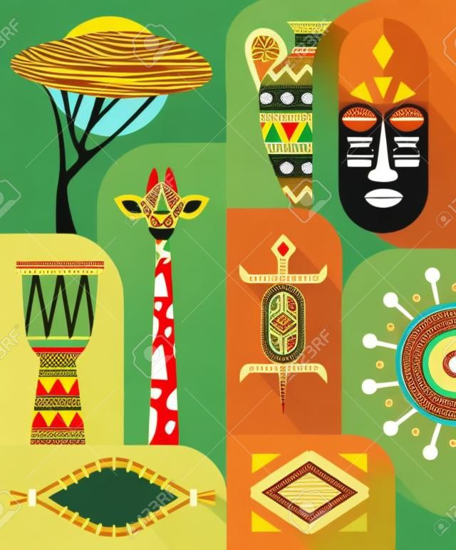 Ensemble d'icônes de voyage de la culture ethnique de la jungle africaine.