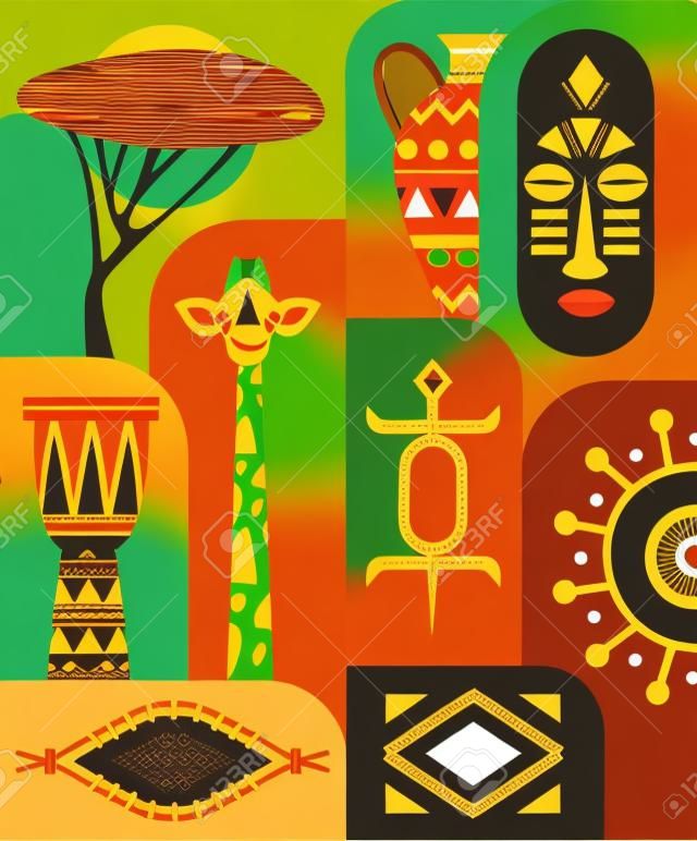 Ensemble d'icônes de voyage de la culture ethnique de la jungle africaine.
