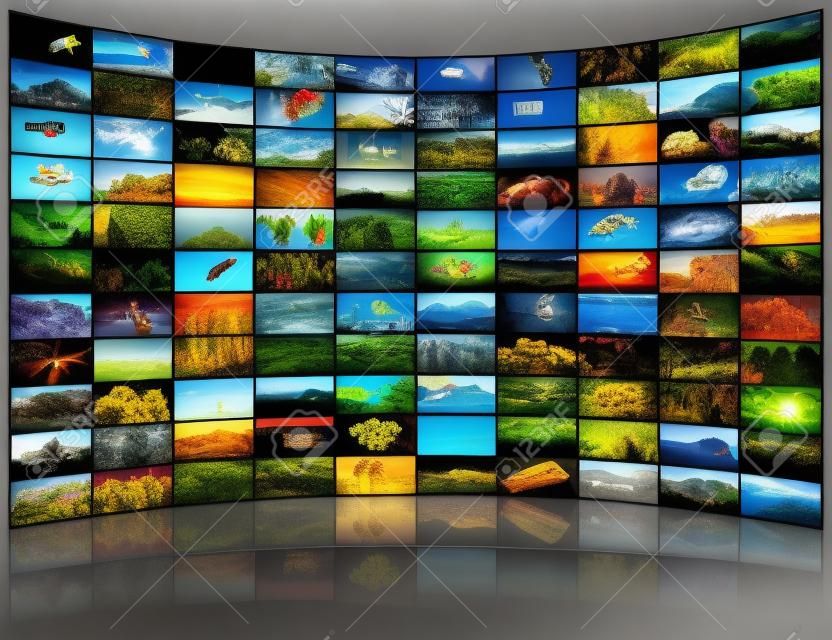 Een verscheidenheid aan beelden als een grote videowand van het tv-scherm