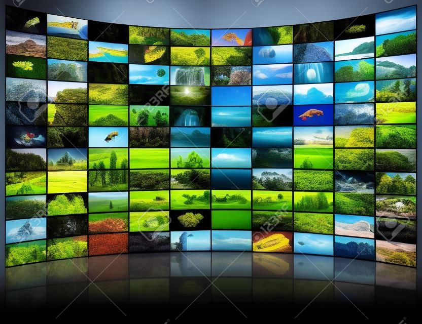 TV 스크린의 큰 비디오 벽과 같은 다양한 이미지