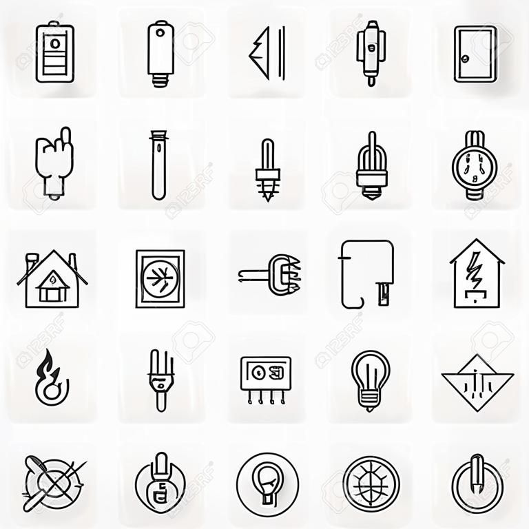 Ikony elektryczność - wektor zestaw symboli domu energii elektrycznej w stylu cienkiej linii