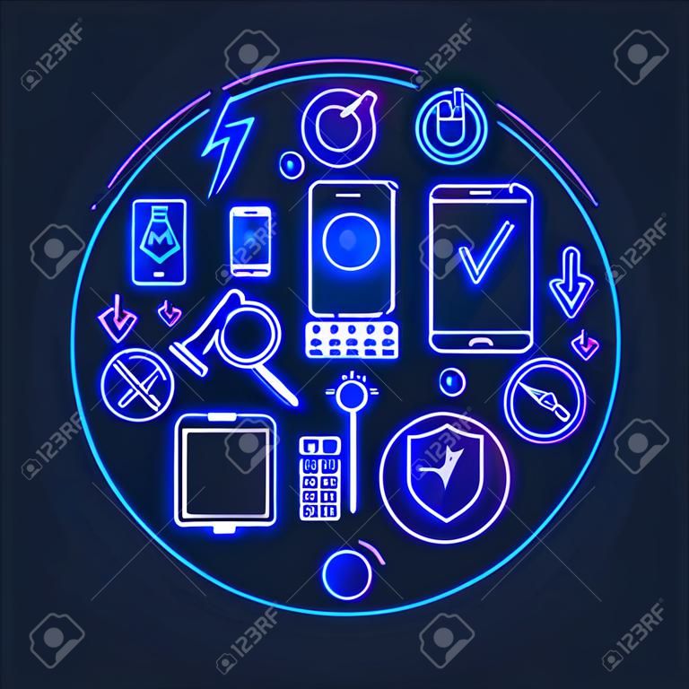 移動維修插圖-矢量圓形智能手機或平板電腦維修符號，用深藍色背景上的輪廓圖標