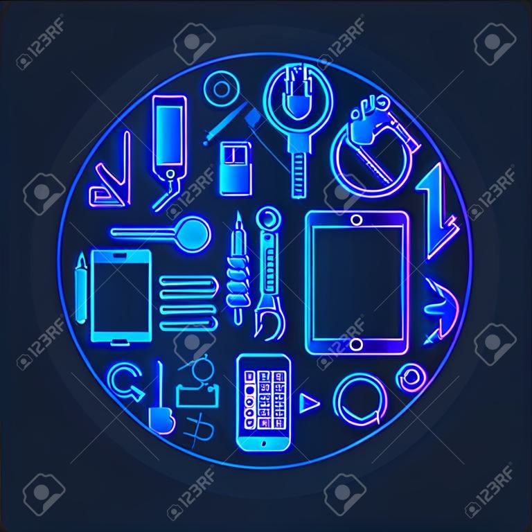 移動維修插圖-矢量圓形智能手機或平板電腦維修符號，用深藍色背景上的輪廓圖標