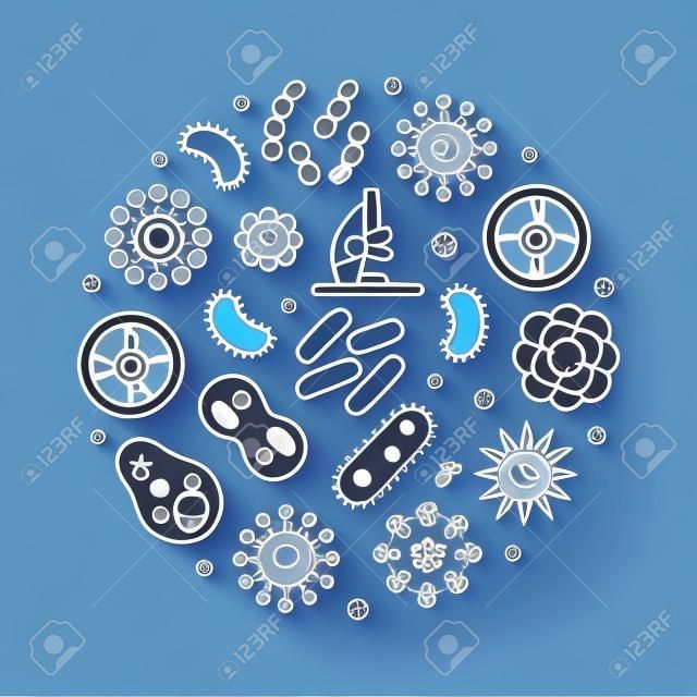 Illustrazione blu del profilo rotondo dei microbi. Simbolo circolare vettoriale