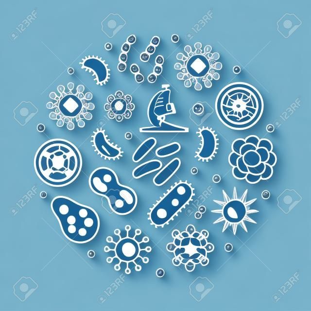 Illustrazione blu del profilo rotondo dei microbi. Simbolo circolare vettoriale