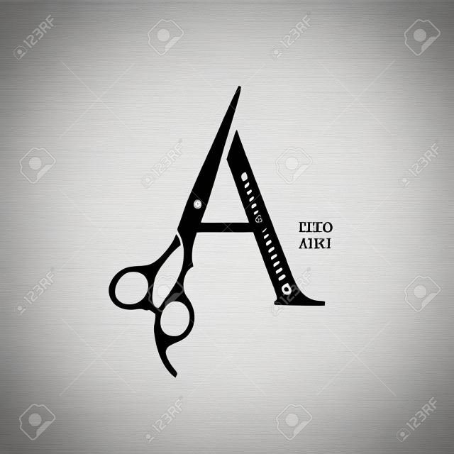 Luxuriöses und elegantes Illustrationslogo-Design Erste A-Schere für Barbershop und Salon. Das Logo kann auch in einer kleinen Größe und in schwarz-weißer Farbe funktionieren.