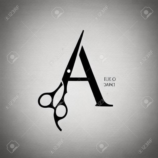 Design de logotipo de ilustração de luxo e elegante inicial A tesouras para Barbershop e Salon. Logo pode funcionar bem em um tamanho pequeno e cor branca preta.