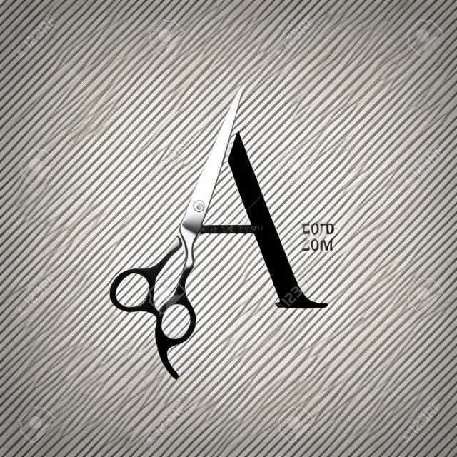 Design de logotipo de ilustração de luxo e elegante inicial A tesouras para Barbershop e Salon. Logo pode funcionar bem em um tamanho pequeno e cor branca preta.