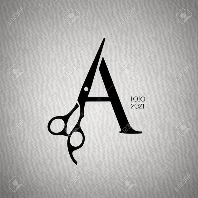 Luxuriöses und elegantes Illustrationslogo-Design Erste A-Schere für Barbershop und Salon. Das Logo kann auch in einer kleinen Größe und in schwarz-weißer Farbe funktionieren.