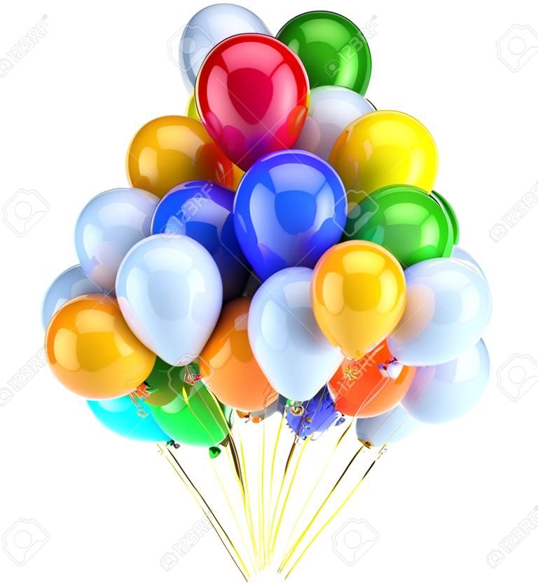 Geburtstag Luftballons Party Feier Dekoration Urlaub bunt. Jahrestag Graduierung Ruhestand Konzept. Glückliche Kindheit Spaß Freude abstrakt. Detaillierte 3D-Darstellung. Isoliert auf weißem Hintergrund