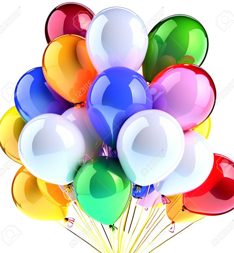 Geburtstag Luftballons Party Feier Dekoration Urlaub bunt. Jahrestag Graduierung Ruhestand Konzept. Glückliche Kindheit Spaß Freude abstrakt. Detaillierte 3D-Darstellung. Isoliert auf weißem Hintergrund