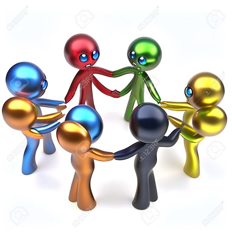 Hombres Trabajo en equipo círculo gente caracteres individualidad red social de los recursos humanos del equipo de amistad seis amigos diferentes dibujos animados brainstorm reunión unidad icono colorido concepto 3d aislados